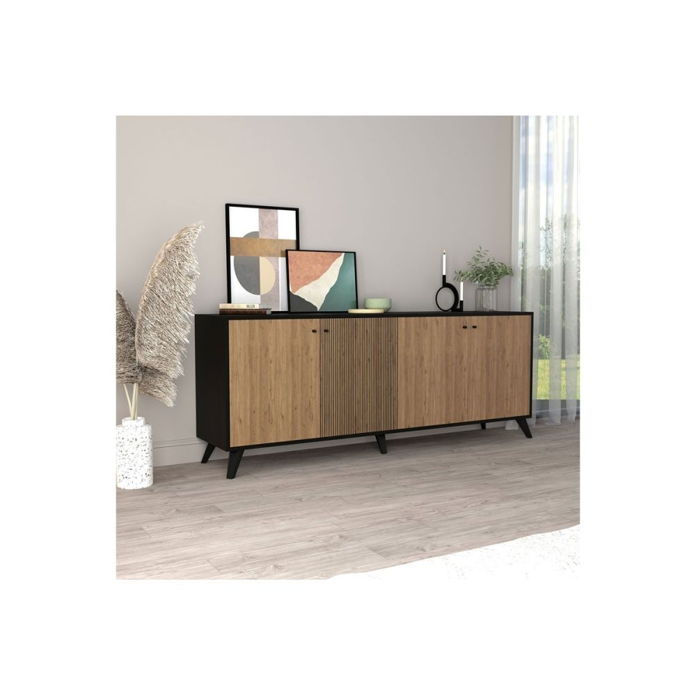 Buffet con 4 Puertas y Patas de Madera en Melamina Roble