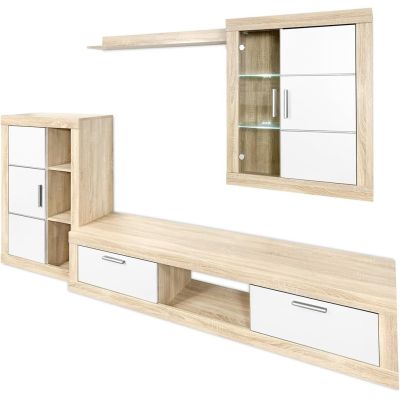 Mueble de salón y TV Moderno con Leds Color Cambria, cambria y blanco módulo de comedor