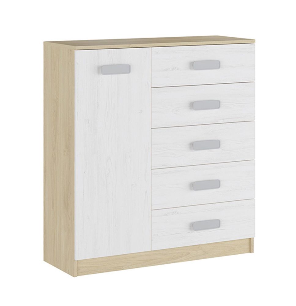 Cómoda Grande para Dormitorio o Salón – Natural y Blanco, 60 x 108 x 60 cm, 1 Puerta y 5 Cajones de Almacenaje.