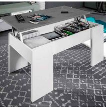 Mesa de Centro Elevable, Medidas: 90 cm x 50 cm x 46-57 cm, Acabado en Color Madera Blanca con Tapa Gris Piedra