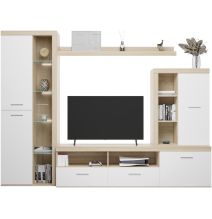 Mueble de Salón Moderno con Leds, Acabado en Cambria - Blanco, Medidas: 260 cm (Ancho) x 191 cm (Alto) 47,5 cm (Fondo)