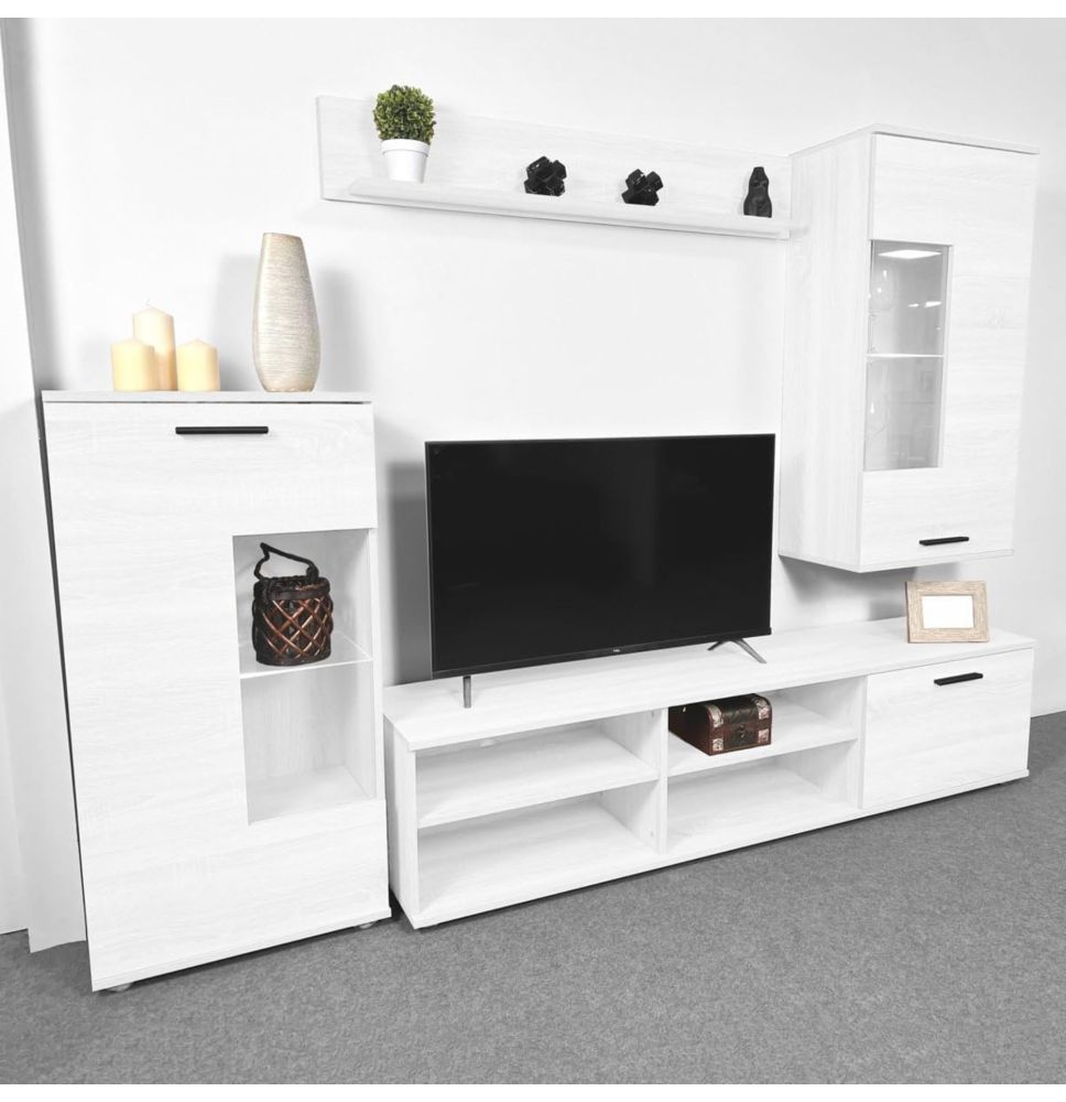 Mueble de Salón Moderno con Leds, Acabado en Andersen, Medidas: 229 cm (Ancho) x 200 cm (Alto) 38 cm (Fondo)