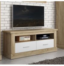 Mueble TV,Mesa de televisión 2 Puertas y 2 Estantes, Acabado en Cambria y Blanco, Patas de Madera, 135 cm Lar x 56,6 cm Al