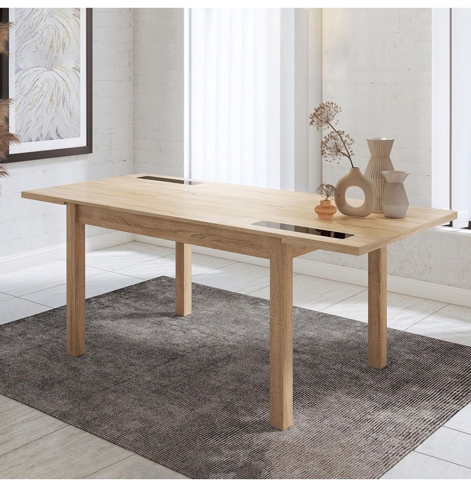 Mesa Comedor, Mesa de salón Extensible, Acabado en Color Cambria y Cristal, Medidas: 140-180 cm (Lar) x 90 cm (Anc) x 75 cm (Al)