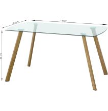 Mesa de Comedor Nórdica | Diseño con Tapa de Cristal Transparente y Patas de Metal Color Roble | Dimensiones: 140 x 80 x 76 cm