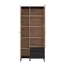 Vitrina Alta en Roble Artisan y Negro con Puerta Estrecha, Puerta Acristalada y 2 Cajones - Medidas 86,5x40x195 cm