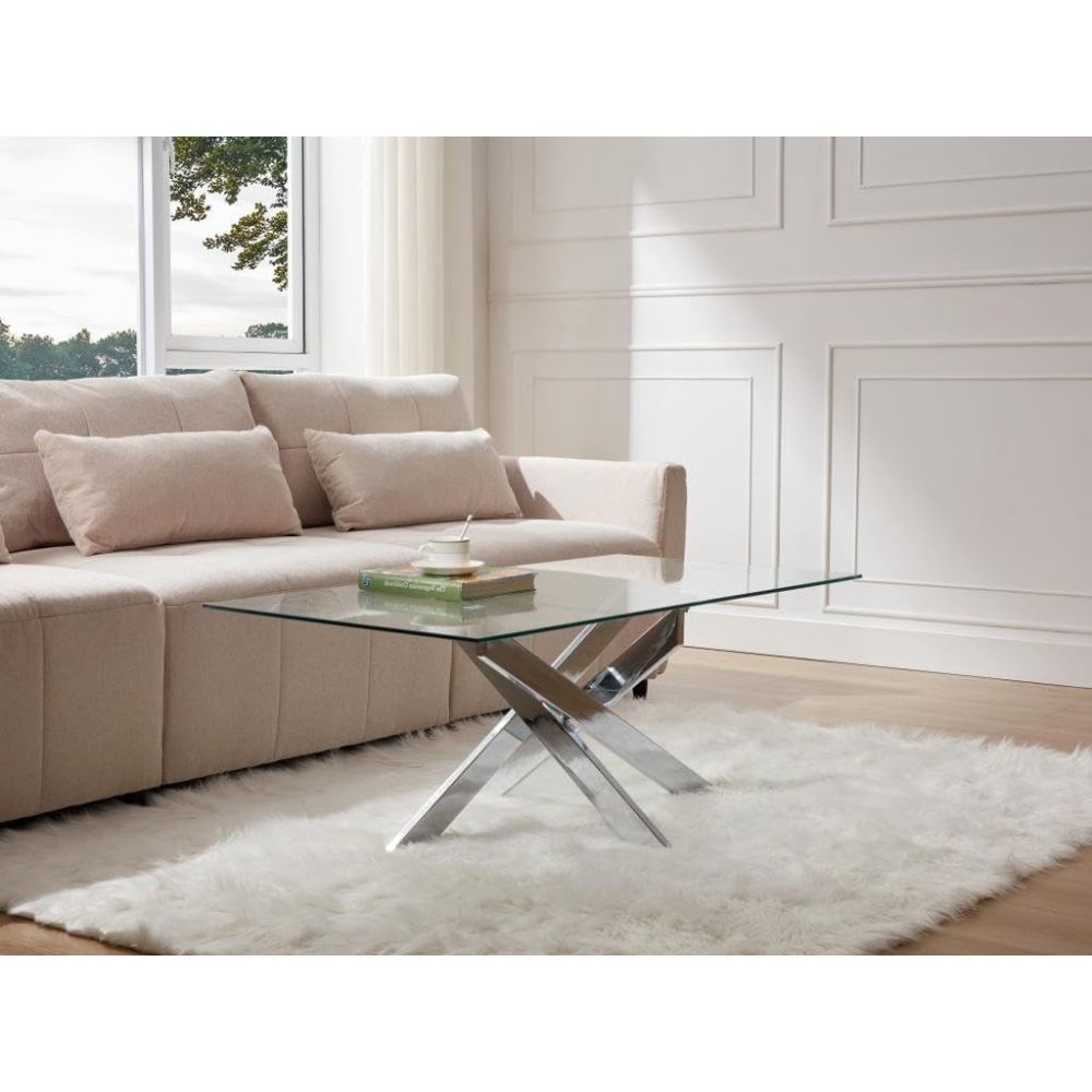 Mesa de Centro con Tapa de Cristal Templado de 8 mm y Patas Metálicas Cruzadas en Acabado Crema -  Medidas 110x55x45 cm