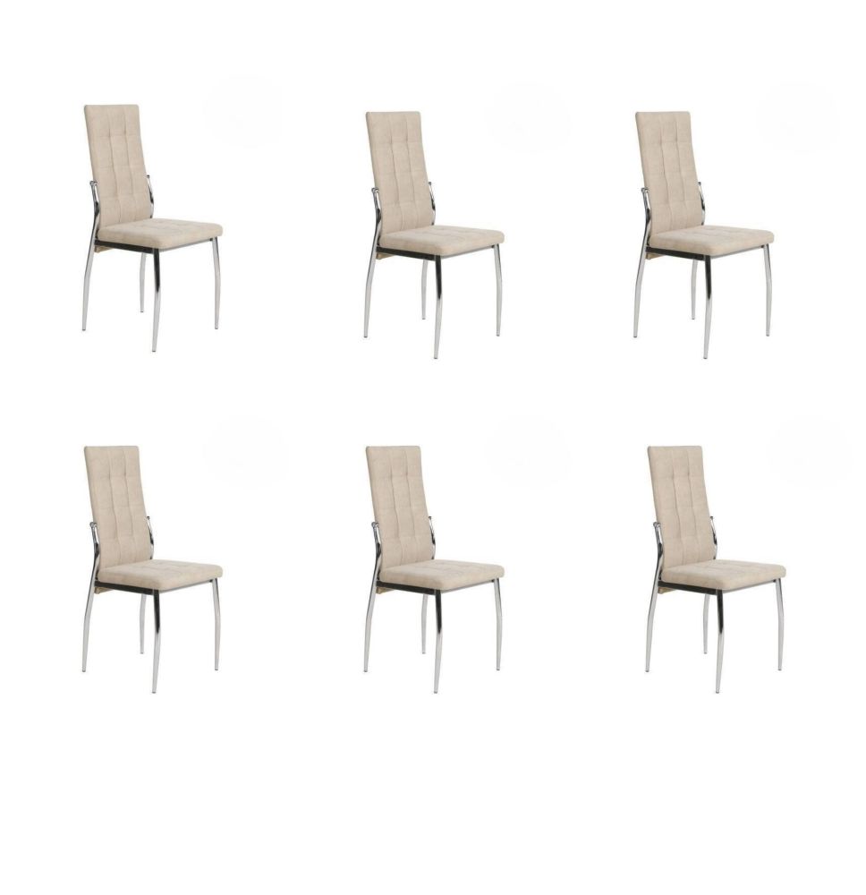 6 Sillas Tapizadas en Tela Beige con Asiento y Respaldo Acolchados, Patas Cromadas - Medidas 45x46x100 cm