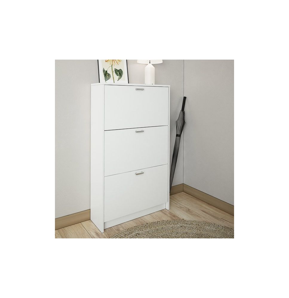 Zapatero Compacto Blanco – Mueble con 3 Puertas y Doble Profundidad | MDF con Acabado Melamina | 70 x 25 x 120 cm