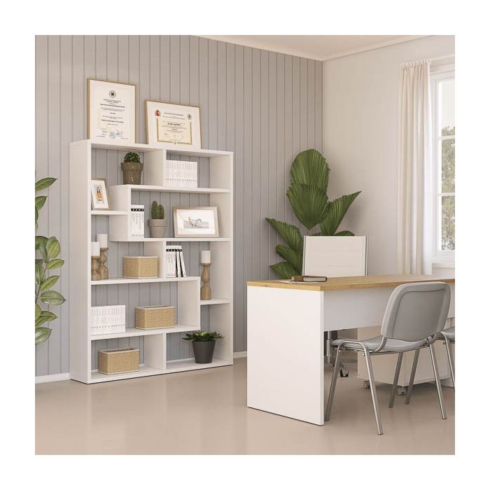 Estantería Geométrica Blanca para Salón con Múltiples Estantes – 169 x 120 x 28 cm (alto x ancho x fondo)