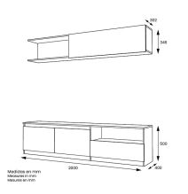 Mueble de TV de Diseño + Modulo Alto de Almacenamiento y 2 Puertas,Roble y Gris 85 cm(Alto) x 200cm (Ancho) x 40cm (Fondo)