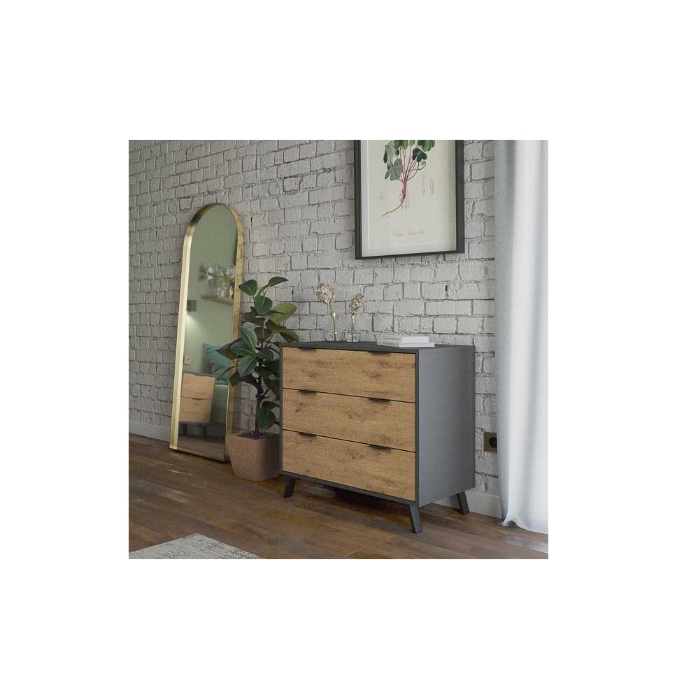 Cómoda con 3 Cajones, para Dormitorio, Acabado en Color Gris/roble, Medidas: 80 cm (Ancho) x 78,2 cm (Alto) x 48 cm (Fondo)