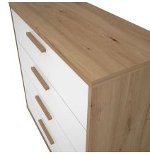 Cómoda con 4 Cajones, para Dormitorio, Acabado en Color Blanco y Roble, Medidas: 88 cm (Ancho) x 86 cm (Alto) x 48 cm (Fondo)